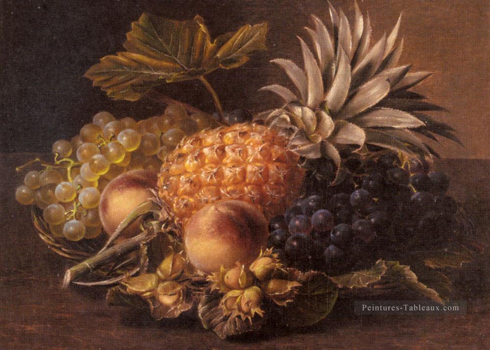 Raisins Peaches d’ananas et noisettes dans un panier Johan Laurentz Jensen fleur Peintures à l'huile